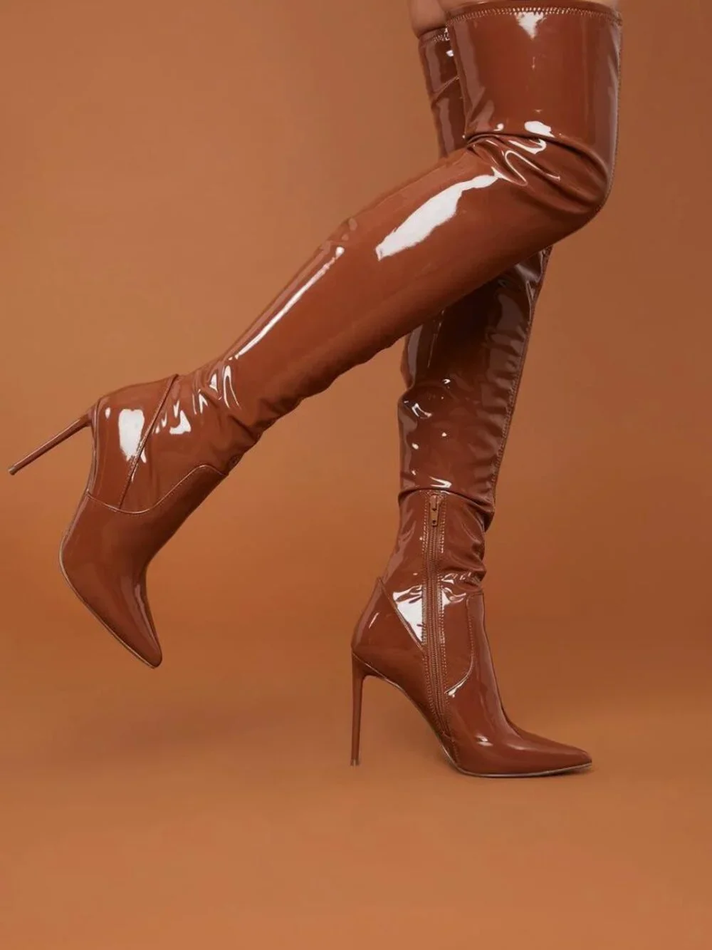 Steve Madden Viktory, Thigh-High, Patent Leather boots in Cognac